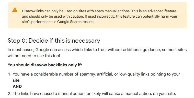 Google's official disavow links guidelines recommending the tool only for sites with a manual action