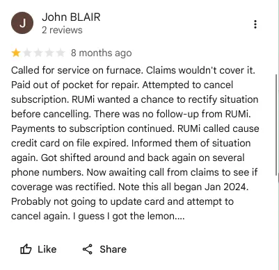 ATCO Home Services negative review screenshot
