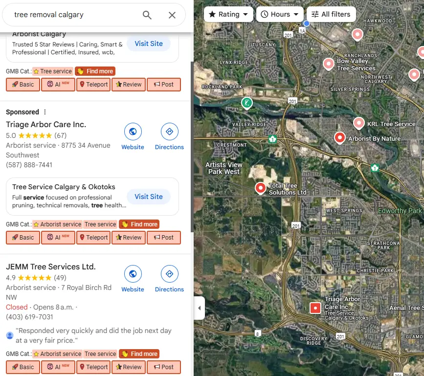GMB Everywhere overlay on Google Maps showing the categories used by top-ranking tree removal profiles in Calgary