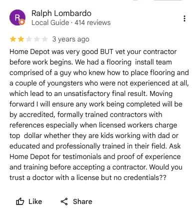 Home Depot Home Services negative review by Ralph L.