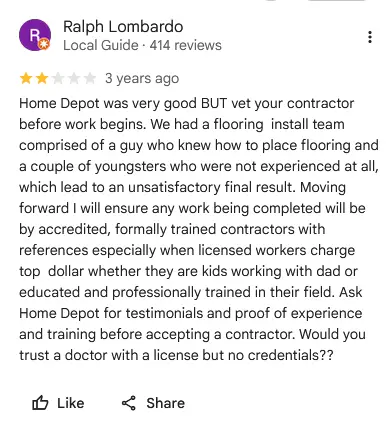 Home Depot Home Services negative review by Ralph L.