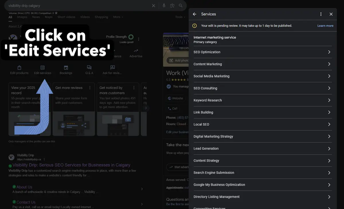 Edit Services screen in Google Business Profile with services suggested by Google awaiting approval