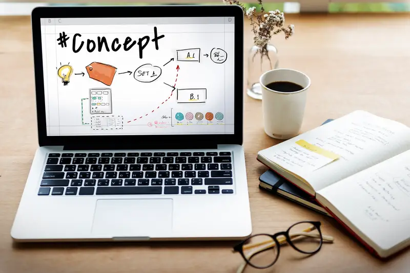 A laptop displaying #concept text indicating AI being used to generate content