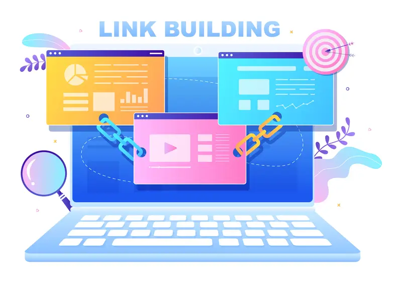 Illustration of a laptop with chain links representing link building