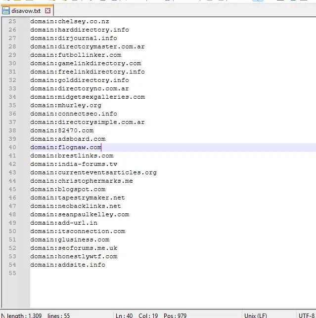 Disavow .txt file listing spammy domains, as submitted to Google's Disavow Tool