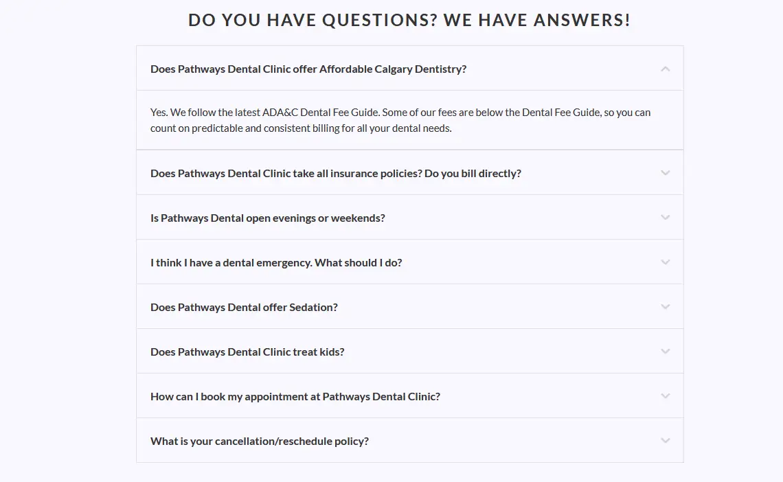 FAQ section on a Calgary dental website with short question and answer entries