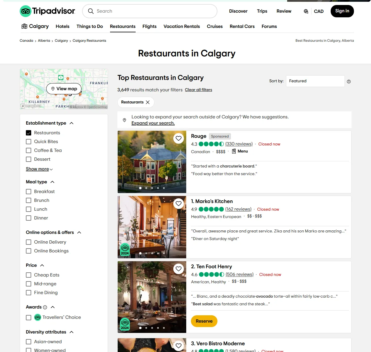 Tripadvisor best of restaurants aggregator website for Calgary