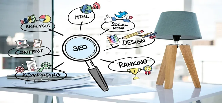 A magnifier surrounded by HTML, social media, design, ranking, content, and keyword icons