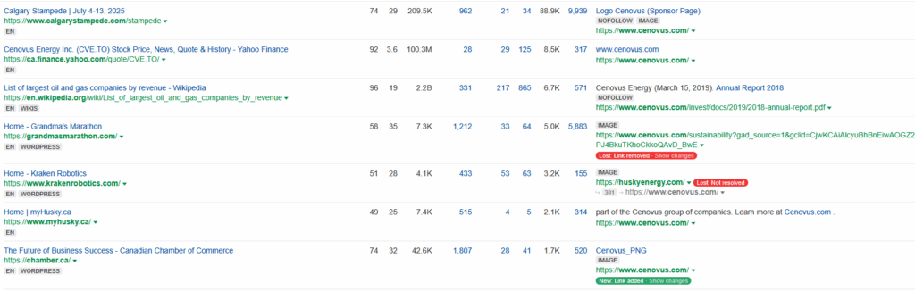 Screenshot of Ahrefs backlink profile on Cenovus