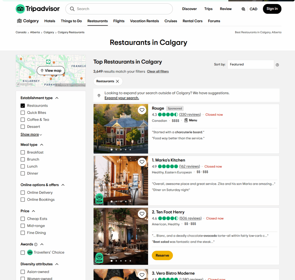 Tripadvisor best of restaurants aggregator website for Calgary