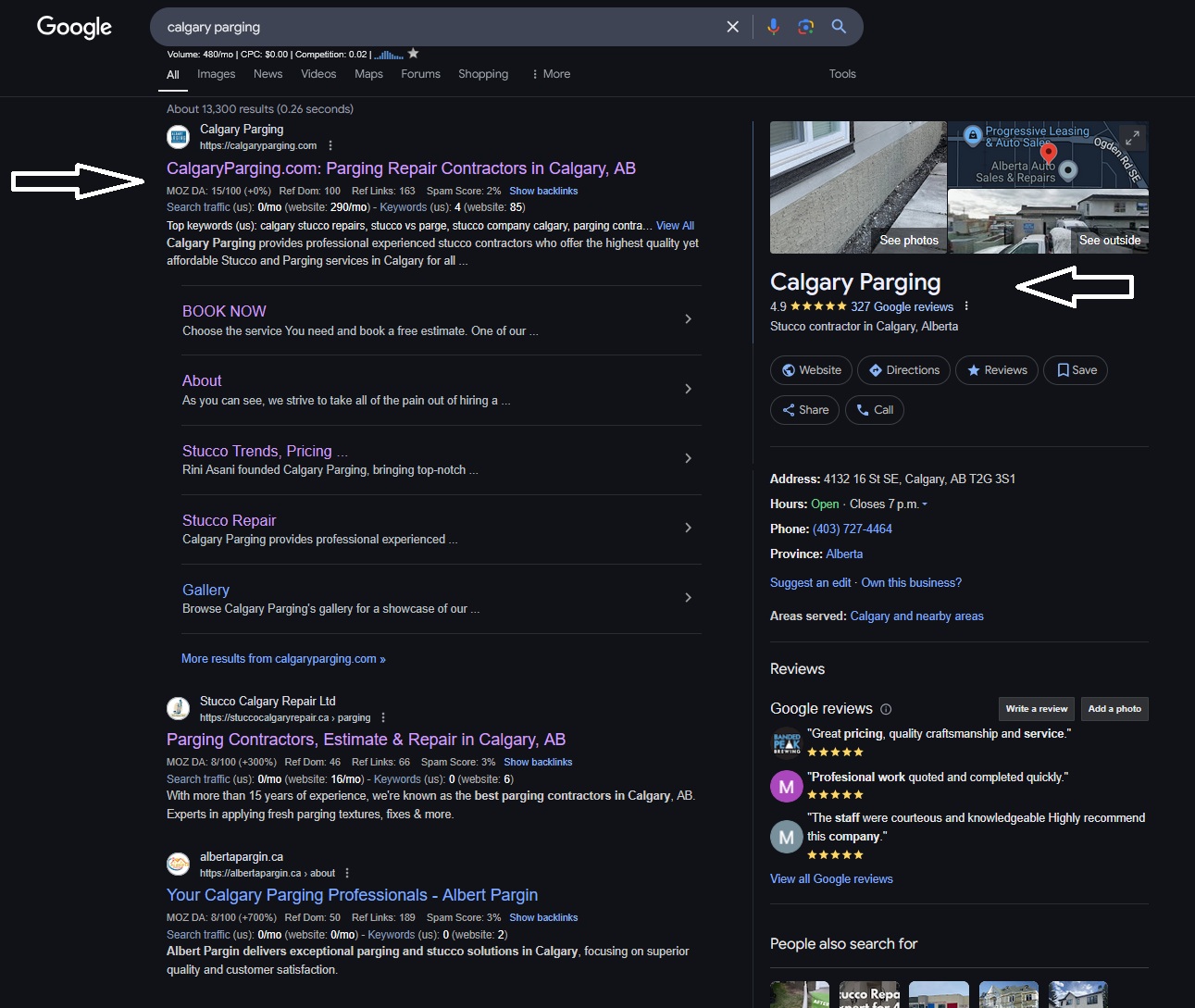 calgary parging google screenshot rankings